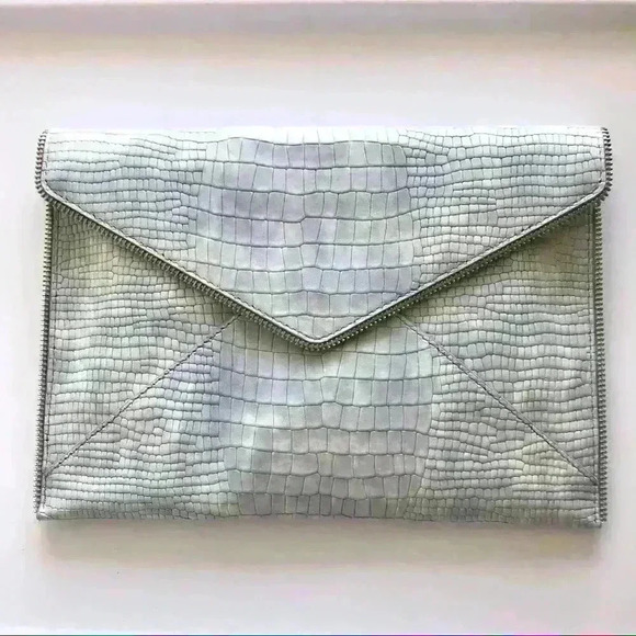 Rebecca Minkoff Leo Snakeskin Embossed Leather Clutch Light Periwinkle - Picture 1 of 10